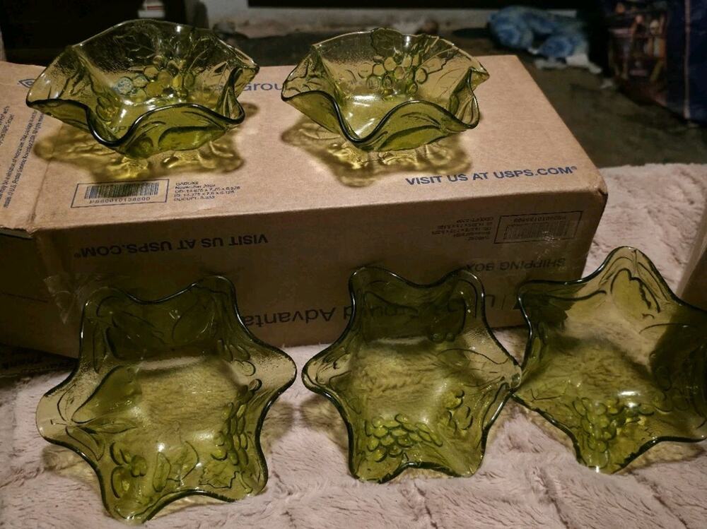 Rare Hazel Atlas Fruits Green Glass Bowls Set 5 Grapes Pears Vintage MCM USA